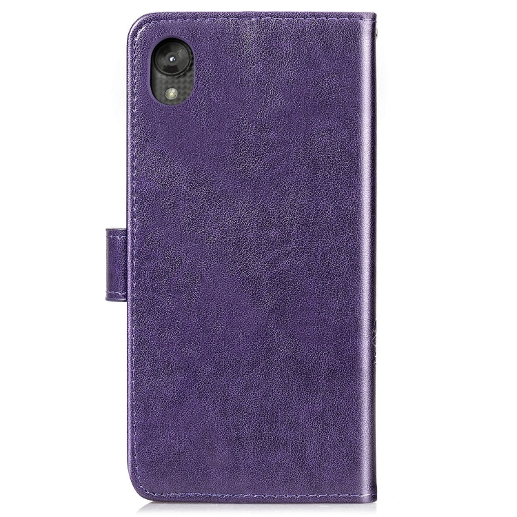 For Moto E6 Four-leaf Clasp Embossed Buckle Mobile Phone Protection Leather Case with Lanyard & Card Slot & Wallet & Bracket Function