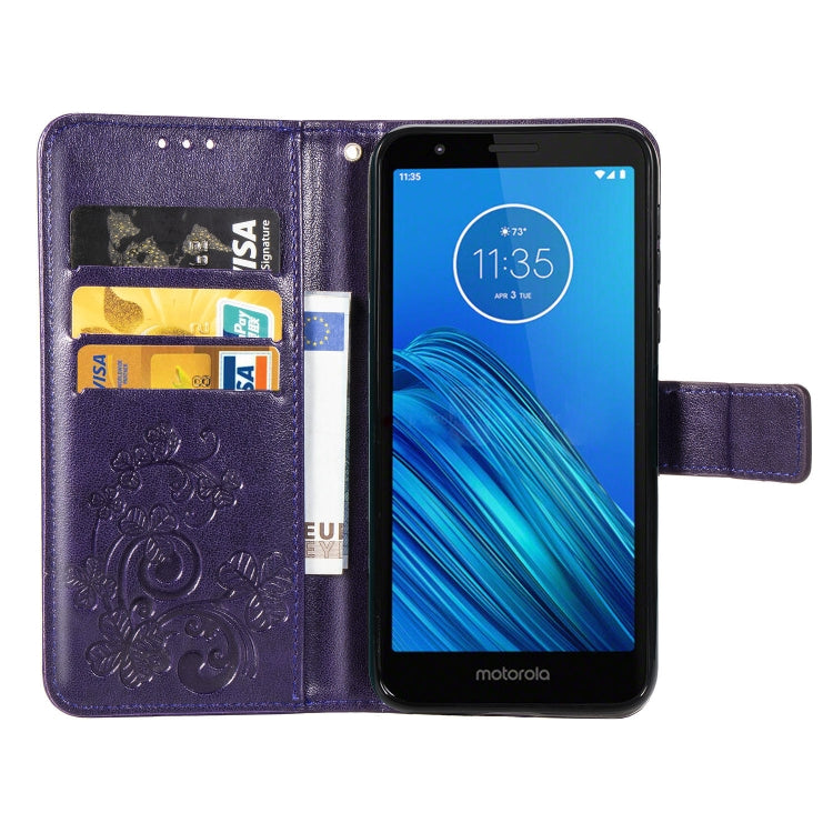 For Moto E6 Four-leaf Clasp Embossed Buckle Mobile Phone Protection Leather Case with Lanyard & Card Slot & Wallet & Bracket Function
