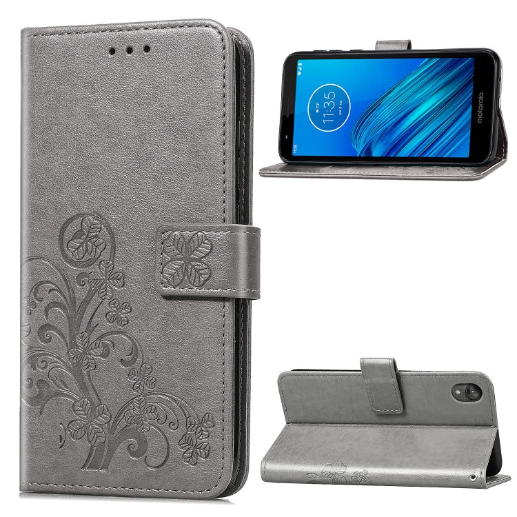 For Moto E6 Four-leaf Clasp Embossed Buckle Mobile Phone Protection Leather Case with Lanyard & Card Slot & Wallet & Bracket Function