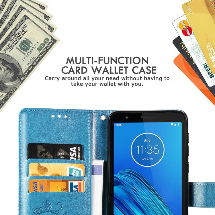 For Moto E6 Four-leaf Clasp Embossed Buckle Mobile Phone Protection Leather Case with Lanyard & Card Slot & Wallet & Bracket Function