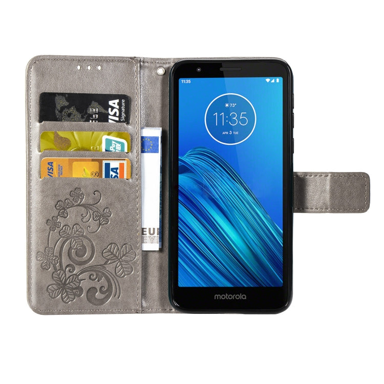 For Moto E6 Four-leaf Clasp Embossed Buckle Mobile Phone Protection Leather Case with Lanyard & Card Slot & Wallet & Bracket Function