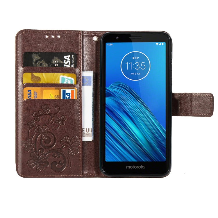 For Moto E6 Four-leaf Clasp Embossed Buckle Mobile Phone Protection Leather Case with Lanyard & Card Slot & Wallet & Bracket Function
