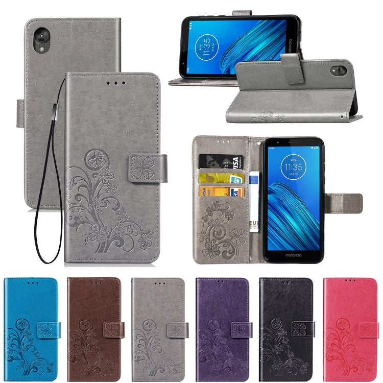 For Moto E6 Four-leaf Clasp Embossed Buckle Mobile Phone Protection Leather Case with Lanyard & Card Slot & Wallet & Bracket Function