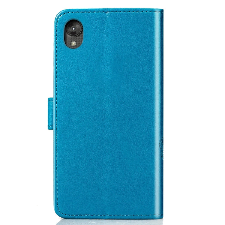 For Moto E6 Four-leaf Clasp Embossed Buckle Mobile Phone Protection Leather Case with Lanyard & Card Slot & Wallet & Bracket Function