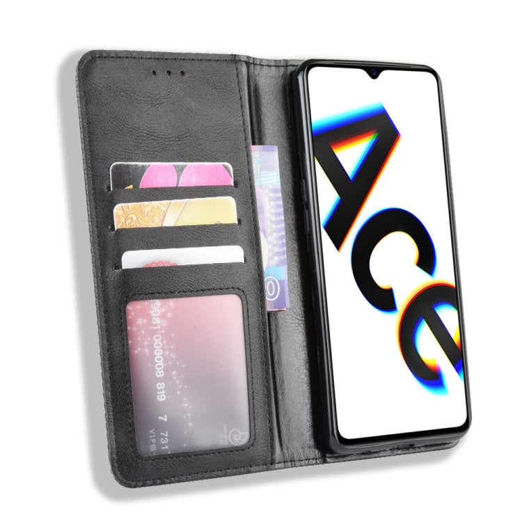 For Oppo Reno Ace Magnetic Buckle Retro Crazy Horse Texture Horizontal Flip Leather Case with Holder & Card Slots & Photo Frame
