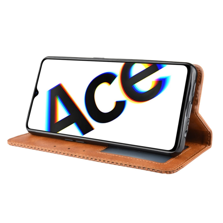 For Oppo Reno Ace Magnetic Buckle Retro Crazy Horse Texture Horizontal Flip Leather Case with Holder & Card Slots & Photo Frame