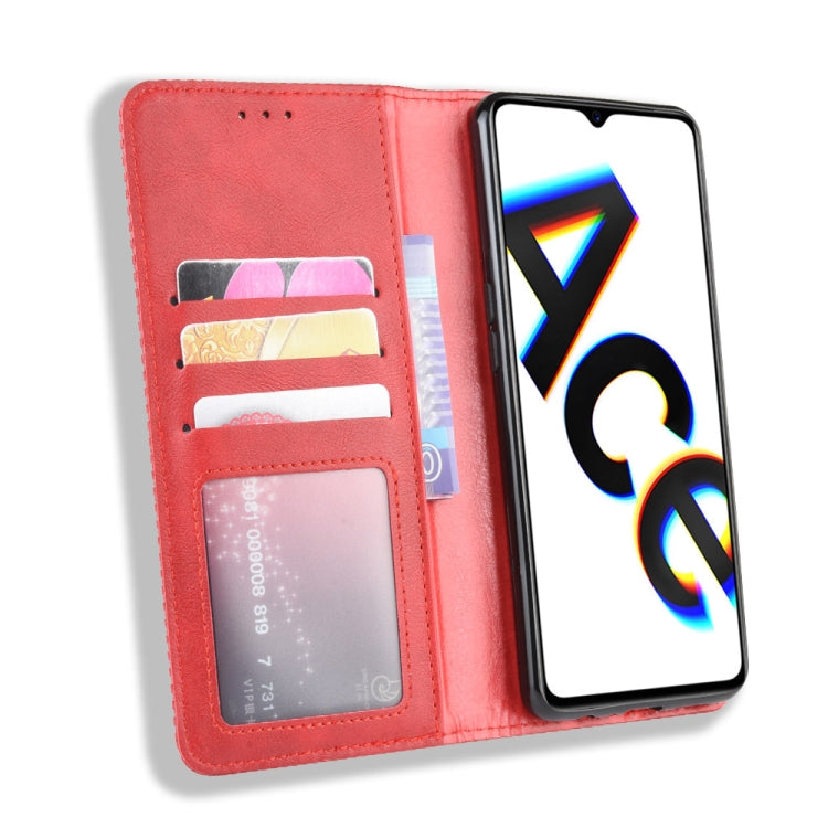 For Oppo Reno Ace Magnetic Buckle Retro Crazy Horse Texture Horizontal Flip Leather Case with Holder & Card Slots & Photo Frame