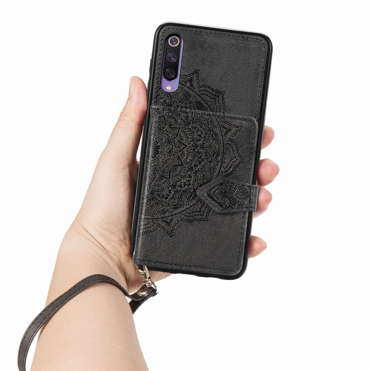 For Xiaomi Mi 9 SE Mandala Embossed Magnetic Cloth PU + TPU + PC Case with Holder & Card Slots & Wallet & Photo Frame & Strap