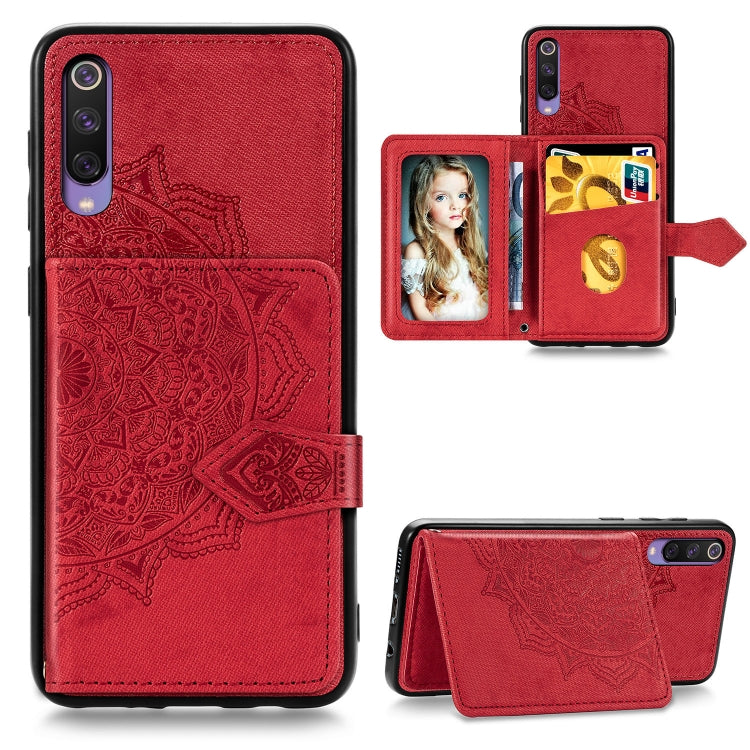 For Xiaomi Mi 9 SE Mandala Embossed Magnetic Cloth PU + TPU + PC Case with Holder & Card Slots & Wallet & Photo Frame & Strap