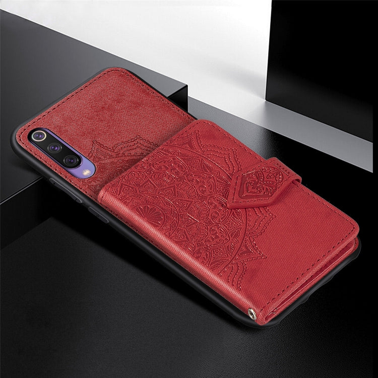 For Xiaomi Mi 9 SE Mandala Embossed Magnetic Cloth PU + TPU + PC Case with Holder & Card Slots & Wallet & Photo Frame & Strap