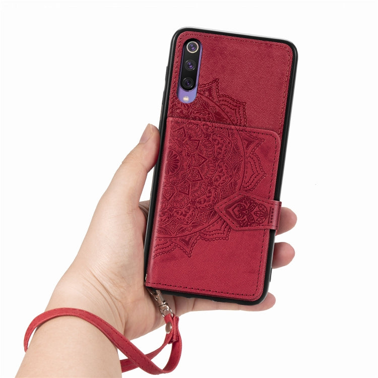 For Xiaomi Mi 9 SE Mandala Embossed Magnetic Cloth PU + TPU + PC Case with Holder & Card Slots & Wallet & Photo Frame & Strap