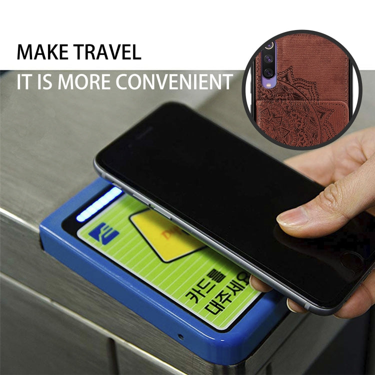 For Xiaomi Mi 9 SE Mandala Embossed Magnetic Cloth PU + TPU + PC Case with Holder & Card Slots & Wallet & Photo Frame & Strap