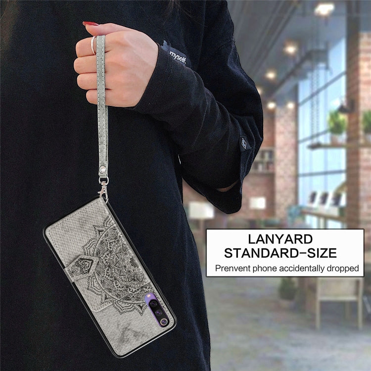 For Xiaomi Mi 9 SE Mandala Embossed Magnetic Cloth PU + TPU + PC Case with Holder & Card Slots & Wallet & Photo Frame & Strap