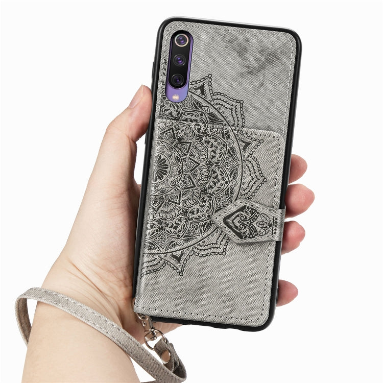 For Xiaomi Mi 9 SE Mandala Embossed Magnetic Cloth PU + TPU + PC Case with Holder & Card Slots & Wallet & Photo Frame & Strap