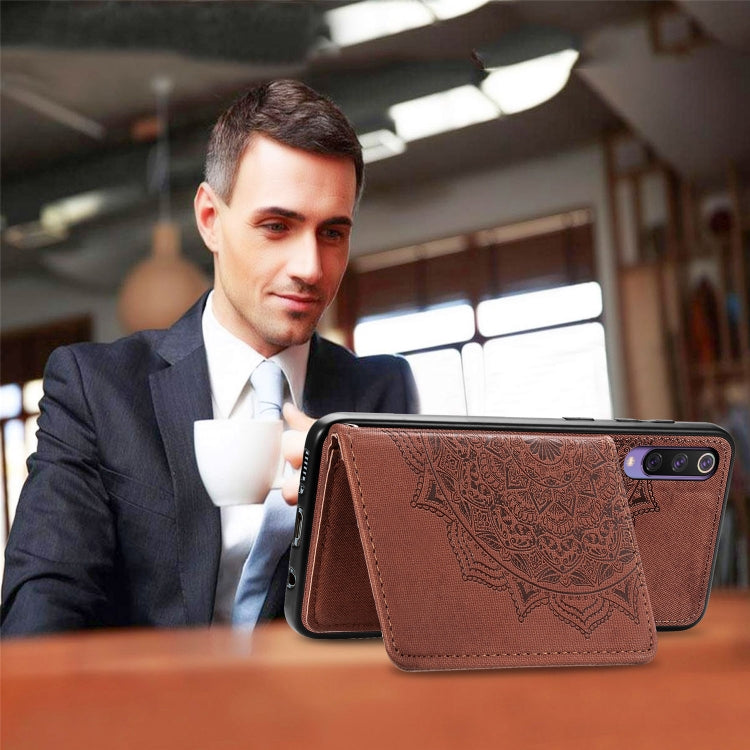 For Xiaomi Mi 9 SE Mandala Embossed Magnetic Cloth PU + TPU + PC Case with Holder & Card Slots & Wallet & Photo Frame & Strap