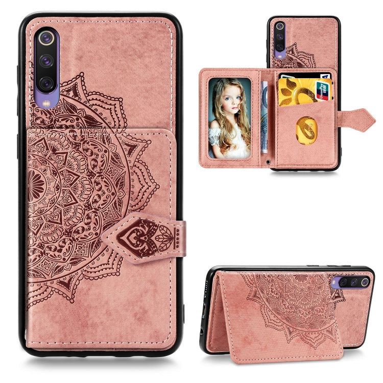 For Xiaomi Mi 9 SE Mandala Embossed Magnetic Cloth PU + TPU + PC Case with Holder & Card Slots & Wallet & Photo Frame & Strap