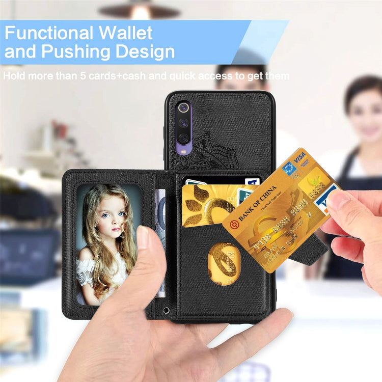 For Xiaomi Mi 9 SE Mandala Embossed Magnetic Cloth PU + TPU + PC Case with Holder & Card Slots & Wallet & Photo Frame & Strap