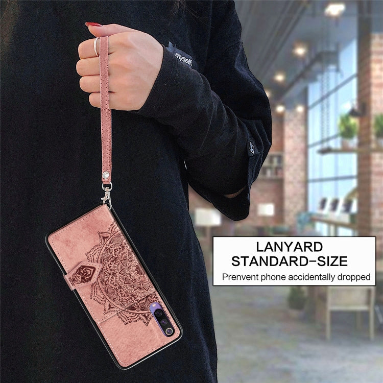 For Xiaomi Mi 9 SE Mandala Embossed Magnetic Cloth PU + TPU + PC Case with Holder & Card Slots & Wallet & Photo Frame & Strap