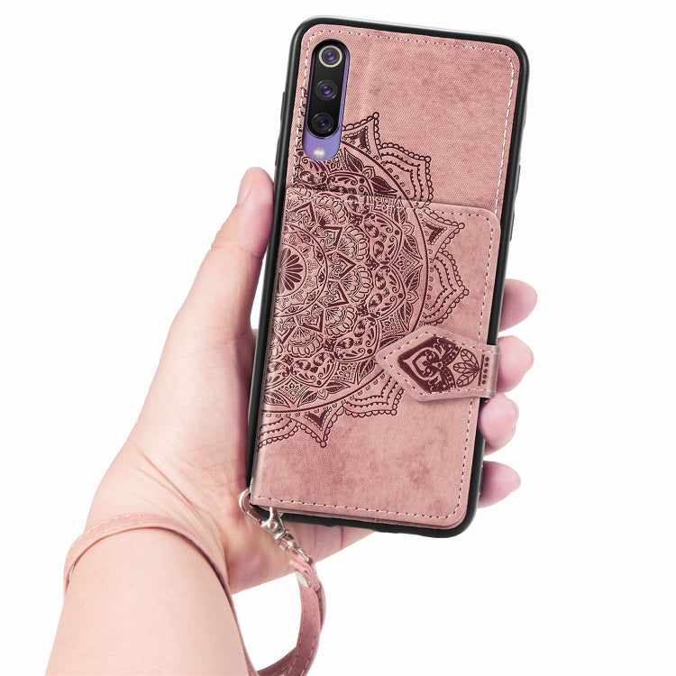 For Xiaomi Mi 9 SE Mandala Embossed Magnetic Cloth PU + TPU + PC Case with Holder & Card Slots & Wallet & Photo Frame & Strap