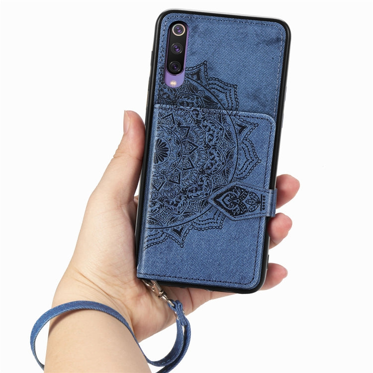 For Xiaomi Mi 9 SE Mandala Embossed Magnetic Cloth PU + TPU + PC Case with Holder & Card Slots & Wallet & Photo Frame & Strap