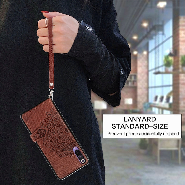 For Xiaomi Mi 9 SE Mandala Embossed Magnetic Cloth PU + TPU + PC Case with Holder & Card Slots & Wallet & Photo Frame & Strap