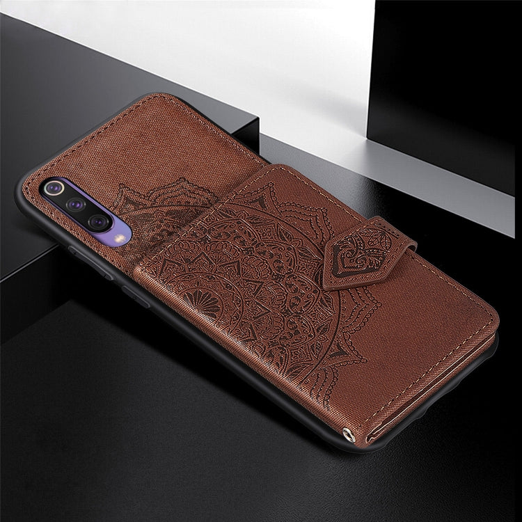 For Xiaomi Mi 9 SE Mandala Embossed Magnetic Cloth PU + TPU + PC Case with Holder & Card Slots & Wallet & Photo Frame & Strap