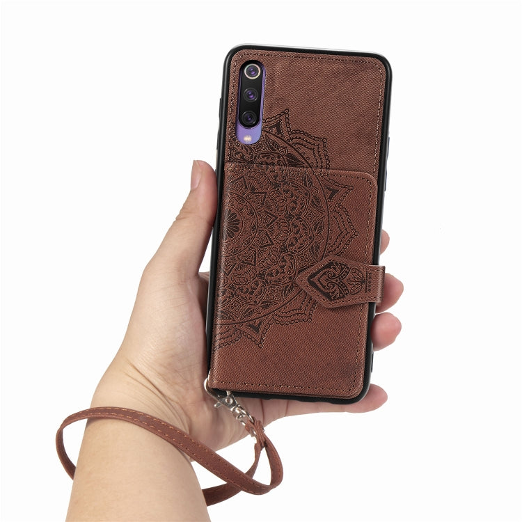 For Xiaomi Mi 9 SE Mandala Embossed Magnetic Cloth PU + TPU + PC Case with Holder & Card Slots & Wallet & Photo Frame & Strap