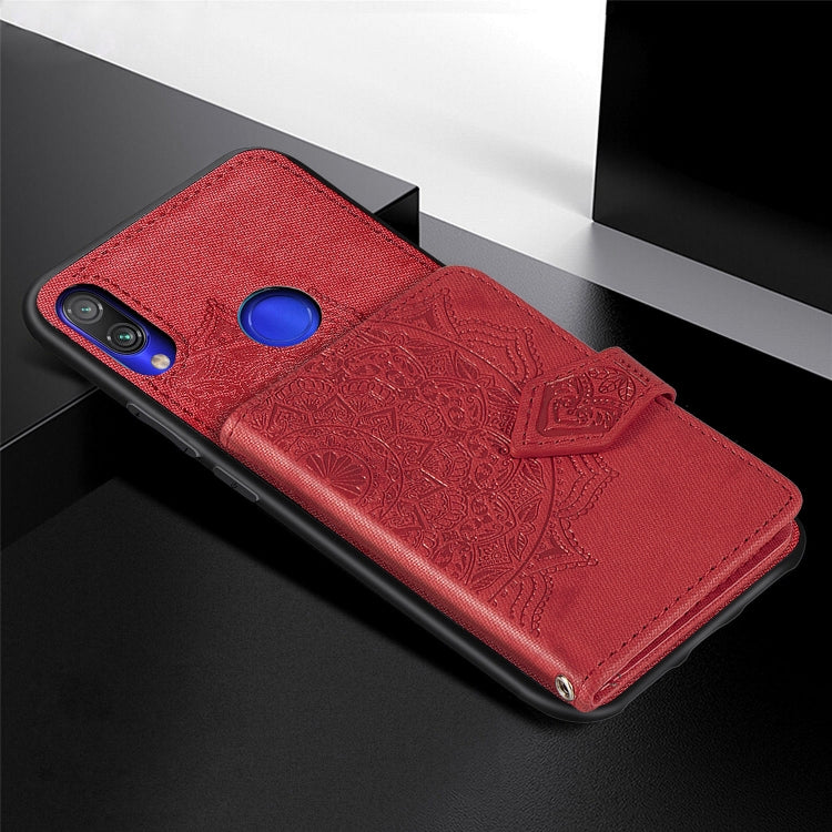 For Xiaomi Redmi Note 7 / Note 7 Pro Mandala Embossed Magnetic Cloth PU + TPU + PC Case with Holder & Card Slots & Wallet & Photo Frame & Strap