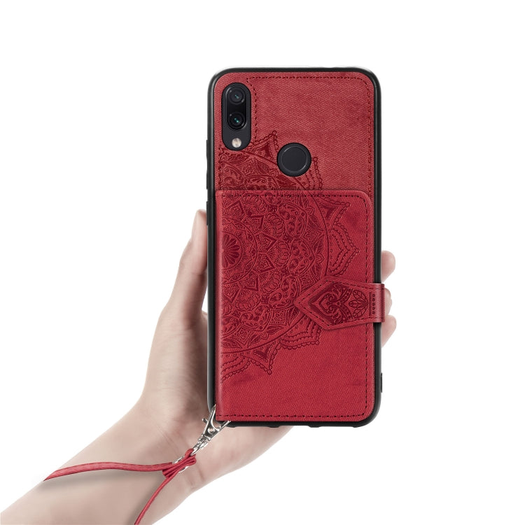 For Xiaomi Redmi Note 7 / Note 7 Pro Mandala Embossed Magnetic Cloth PU + TPU + PC Case with Holder & Card Slots & Wallet & Photo Frame & Strap