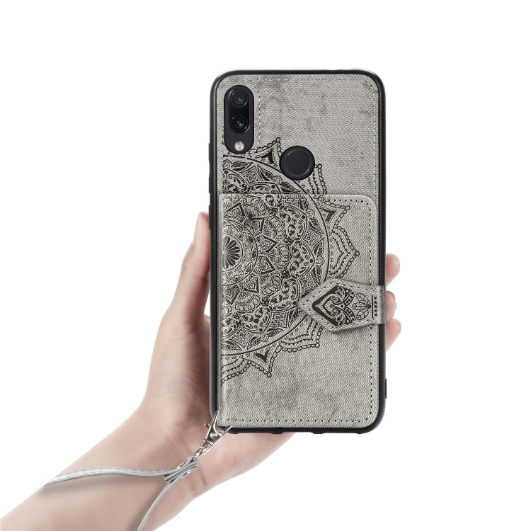 For Xiaomi Redmi Note 7 / Note 7 Pro Mandala Embossed Magnetic Cloth PU + TPU + PC Case with Holder & Card Slots & Wallet & Photo Frame & Strap