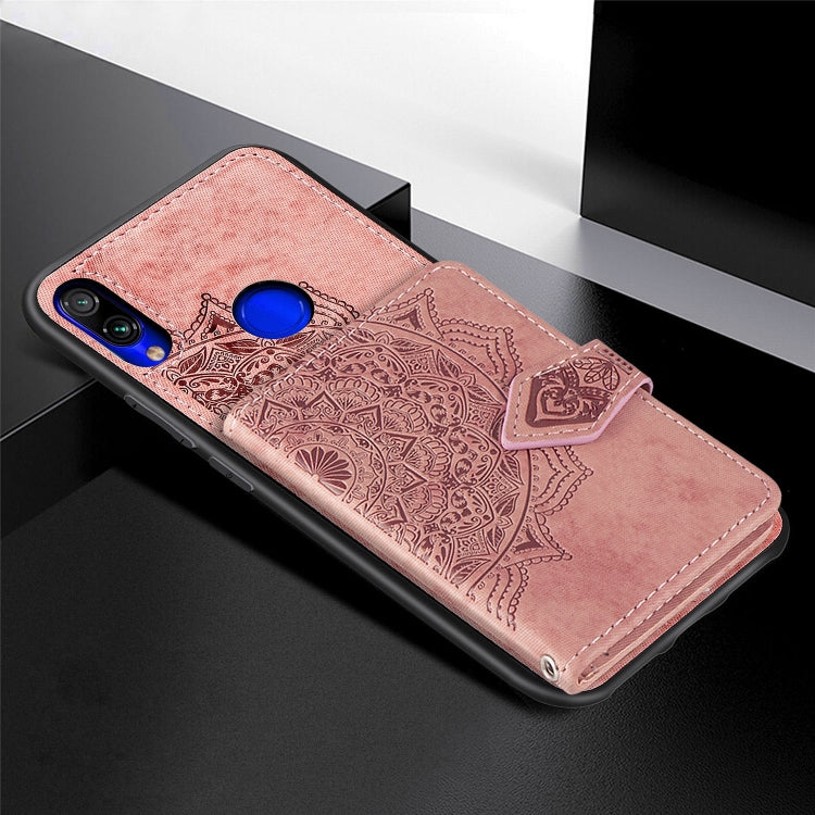 For Xiaomi Redmi Note 7 / Note 7 Pro Mandala Embossed Magnetic Cloth PU + TPU + PC Case with Holder & Card Slots & Wallet & Photo Frame & Strap