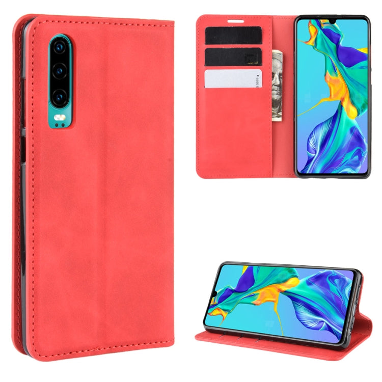 For Huawei P30 Retro-skin Business Magnetic Suction Leather Case with Holder & Card Slots & Wallet