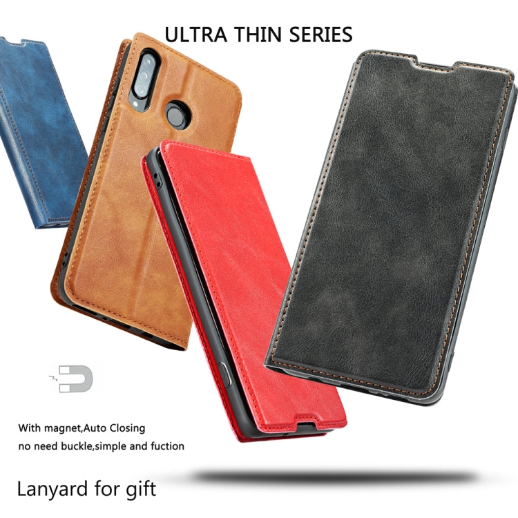 Retro Simple Ultra-thin Magnetic Leather Case with Holder & Card Slots & Lanyard for Huawei Y9 Prime 2019