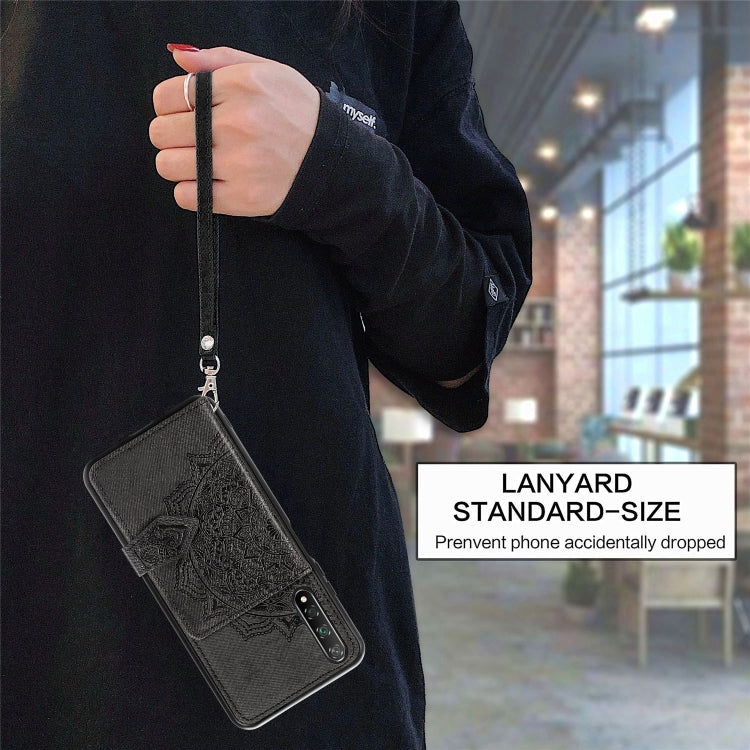 For Huawei Honor 20 Mandala Embossed Magnetic Cloth PU + TPU + PC Case with Holder & Card Slots & Wallet & Photo Frame & Strap