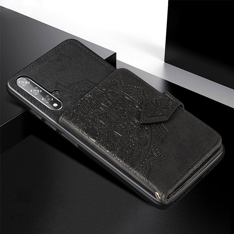 For Huawei Honor 20 Mandala Embossed Magnetic Cloth PU + TPU + PC Case with Holder & Card Slots & Wallet & Photo Frame & Strap
