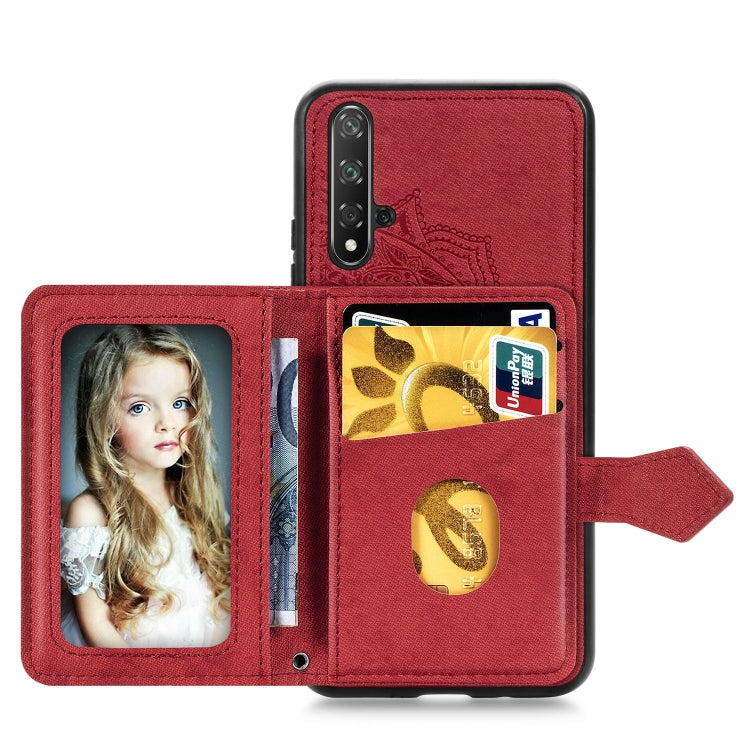 For Huawei Honor 20 Mandala Embossed Magnetic Cloth PU + TPU + PC Case with Holder & Card Slots & Wallet & Photo Frame & Strap