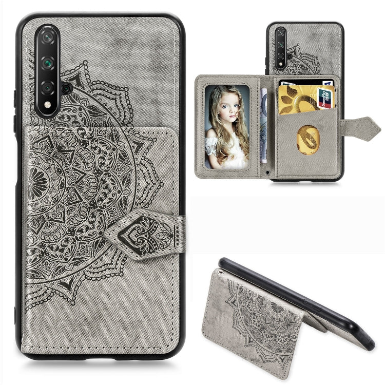 For Huawei Honor 20 Mandala Embossed Magnetic Cloth PU + TPU + PC Case with Holder & Card Slots & Wallet & Photo Frame & Strap
