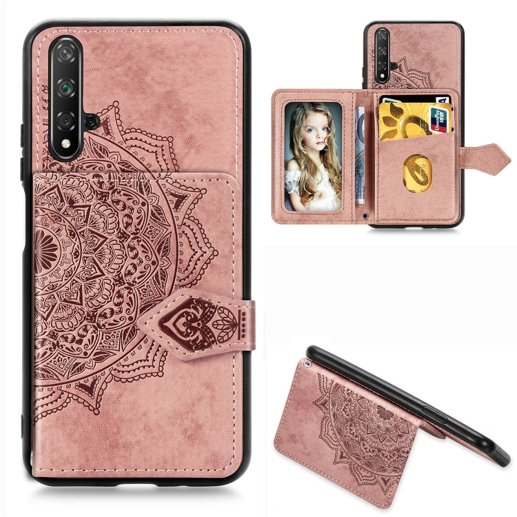 For Huawei Honor 20 Mandala Embossed Magnetic Cloth PU + TPU + PC Case with Holder & Card Slots & Wallet & Photo Frame & Strap