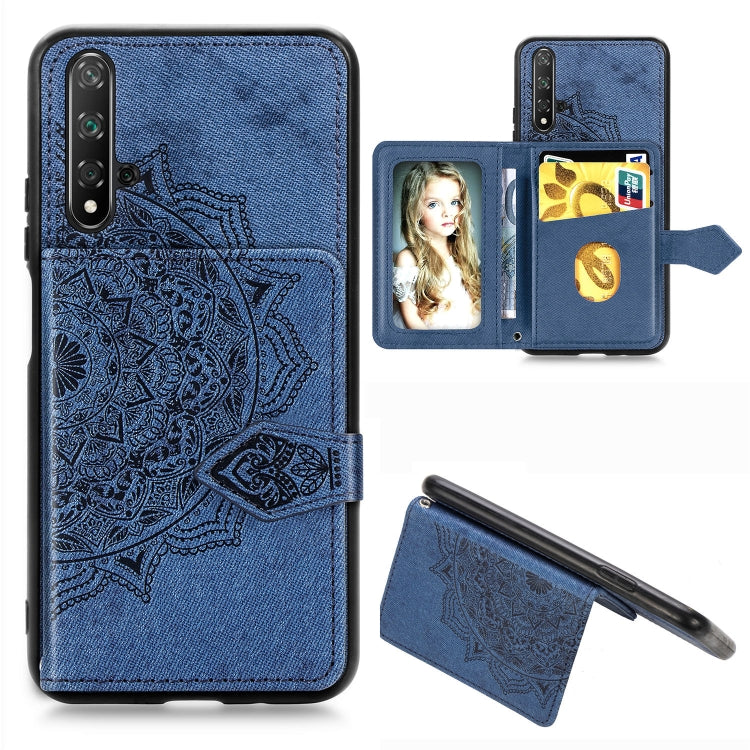 For Huawei Honor 20 Mandala Embossed Magnetic Cloth PU + TPU + PC Case with Holder & Card Slots & Wallet & Photo Frame & Strap