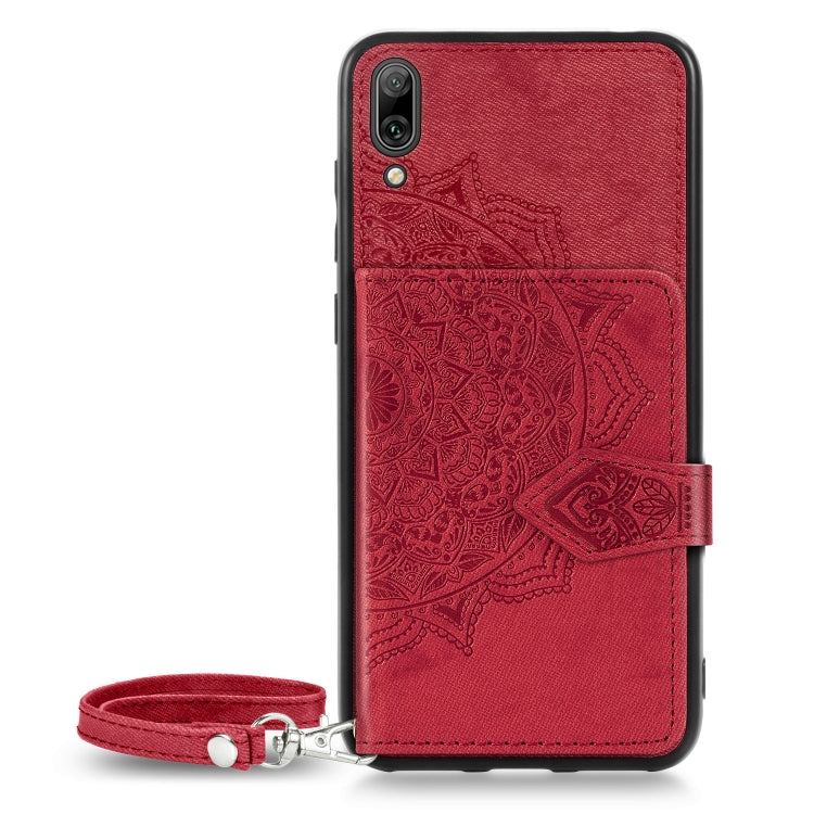 For Huawei Enjoy 9 Mandala Embossed Magnetic Cloth PU + TPU + PC Case with Holder & Card Slots & Wallet & Photo Frame & Strap