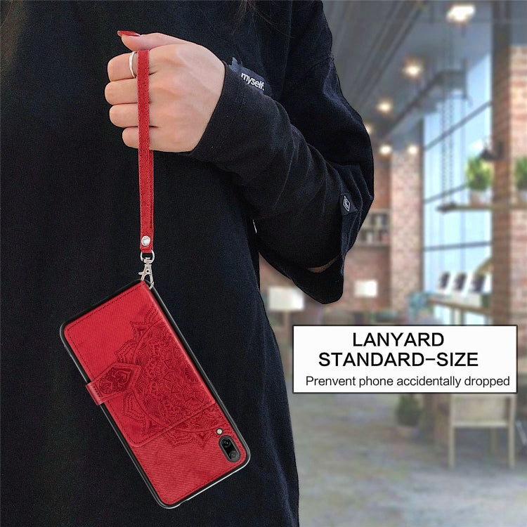 For Huawei Enjoy 9 Mandala Embossed Magnetic Cloth PU + TPU + PC Case with Holder & Card Slots & Wallet & Photo Frame & Strap