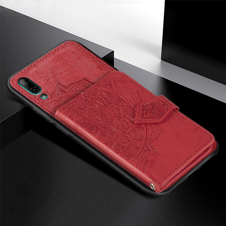 For Huawei Enjoy 9 Mandala Embossed Magnetic Cloth PU + TPU + PC Case with Holder & Card Slots & Wallet & Photo Frame & Strap