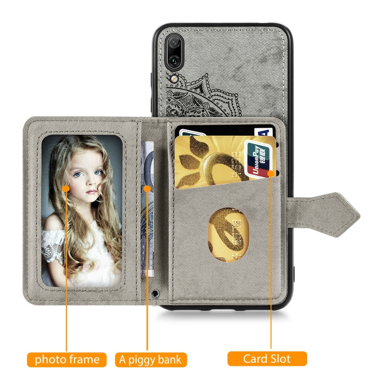 For Huawei Enjoy 9 Mandala Embossed Magnetic Cloth PU + TPU + PC Case with Holder & Card Slots & Wallet & Photo Frame & Strap