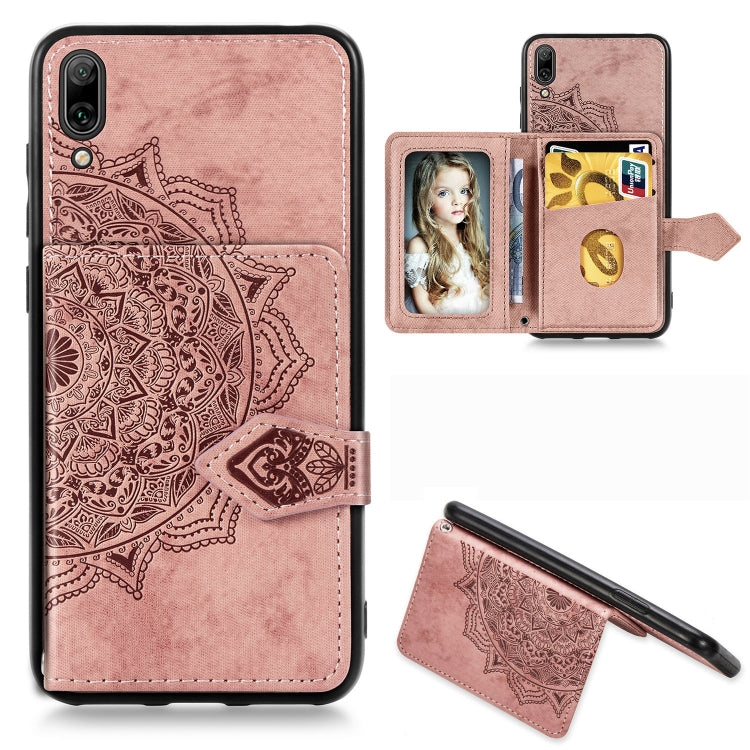 For Huawei Enjoy 9 Mandala Embossed Magnetic Cloth PU + TPU + PC Case with Holder & Card Slots & Wallet & Photo Frame & Strap