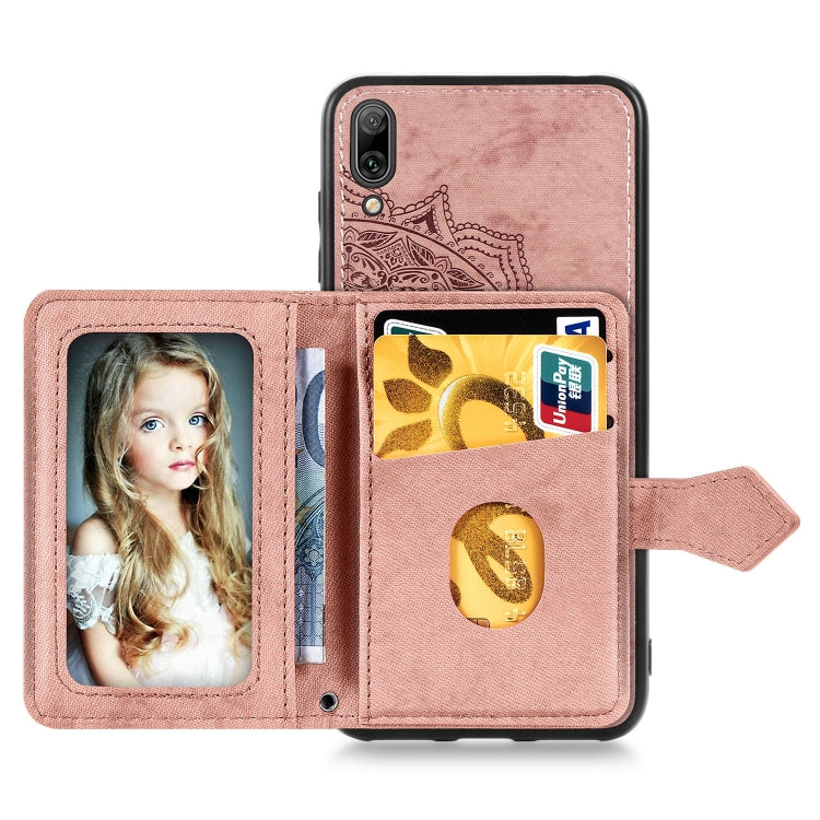 For Huawei Enjoy 9 Mandala Embossed Magnetic Cloth PU + TPU + PC Case with Holder & Card Slots & Wallet & Photo Frame & Strap