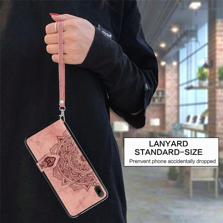 For Huawei Enjoy 9 Mandala Embossed Magnetic Cloth PU + TPU + PC Case with Holder & Card Slots & Wallet & Photo Frame & Strap