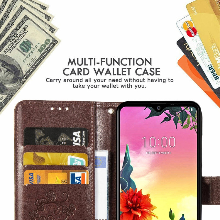 For LG K50S Four-leaf Clasp Embossed Buckle Mobile Phone Protection Leather Case with Lanyard & Card Slot & Wallet & Bracket Function