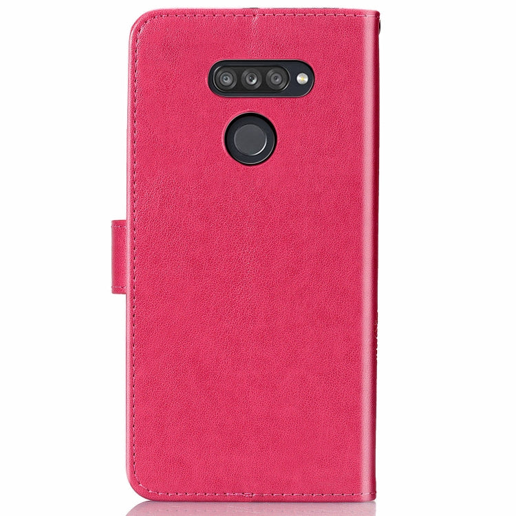 For LG K50S Four-leaf Clasp Embossed Buckle Mobile Phone Protection Leather Case with Lanyard & Card Slot & Wallet & Bracket Function