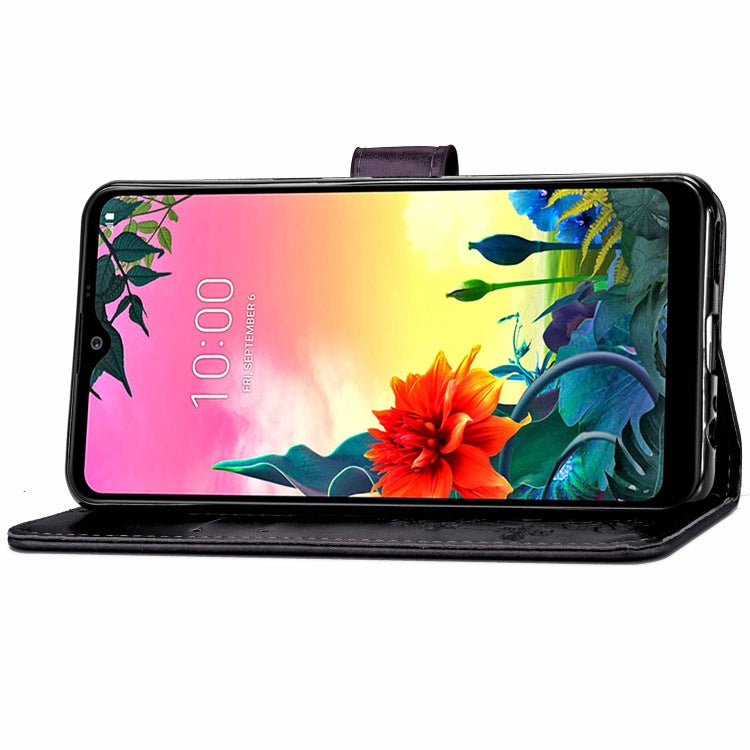 For LG K50S Four-leaf Clasp Embossed Buckle Mobile Phone Protection Leather Case with Lanyard & Card Slot & Wallet & Bracket Function