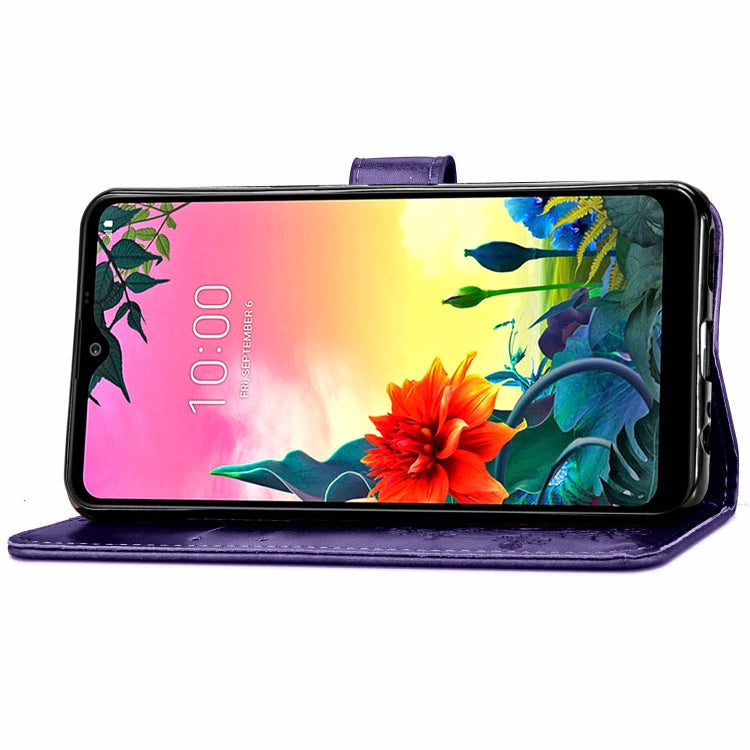 For LG K50S Four-leaf Clasp Embossed Buckle Mobile Phone Protection Leather Case with Lanyard & Card Slot & Wallet & Bracket Function